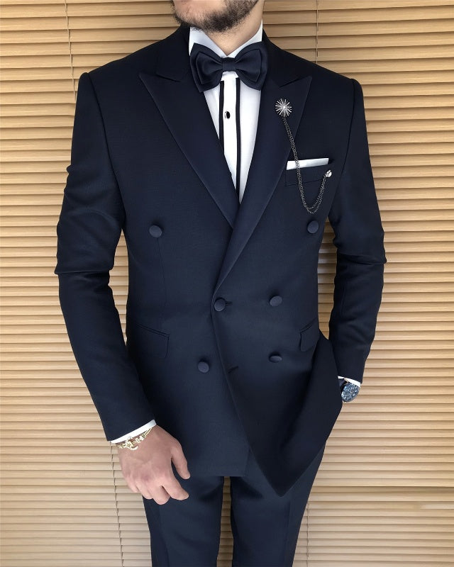Alston Dark Blue Double Breasted Peaked Lapel Best Fitting Business Men Suits