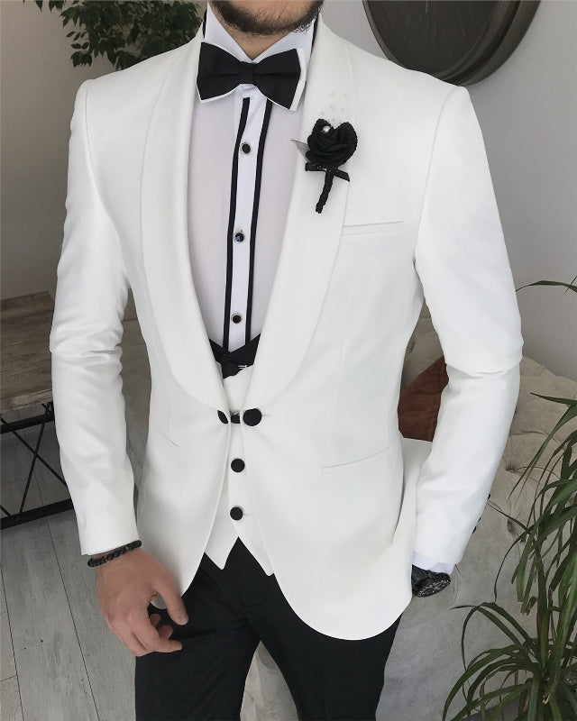Modern White Best Fitting Three Pieces Shawl Lapel Wedding Men Suits