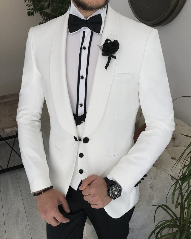 Modern White Best Fitting Three Pieces Shawl Lapel Wedding Men Suits