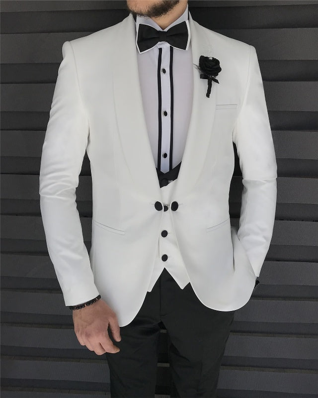 Modern White Best Fitting Three Pieces Shawl Lapel Wedding Men Suits