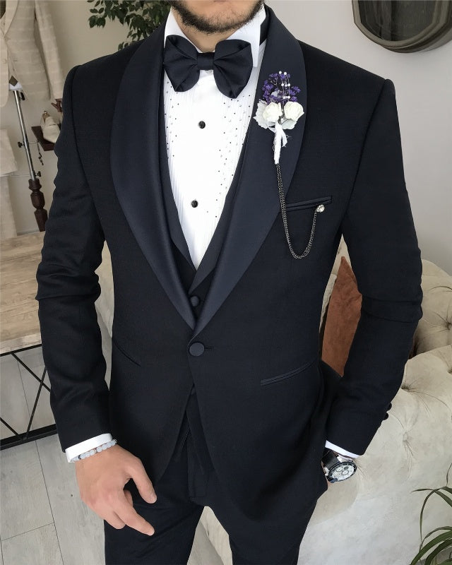 Barry Chic Black Close Fitting Three Pieces Shawl Lapel Wedding Men Suits
