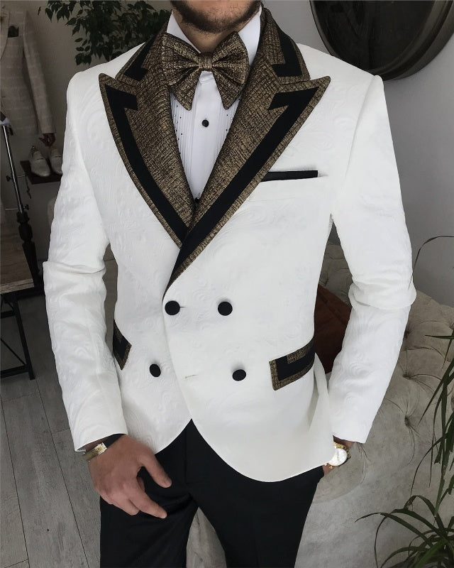 Fashion White Jacquard Double Breasted Best Fitting Peaked Lapel Prom Men Suits