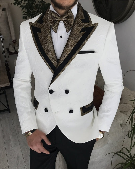 Fashion White Jacquard Double Breasted Best Fitting Peaked Lapel Prom Men Suits