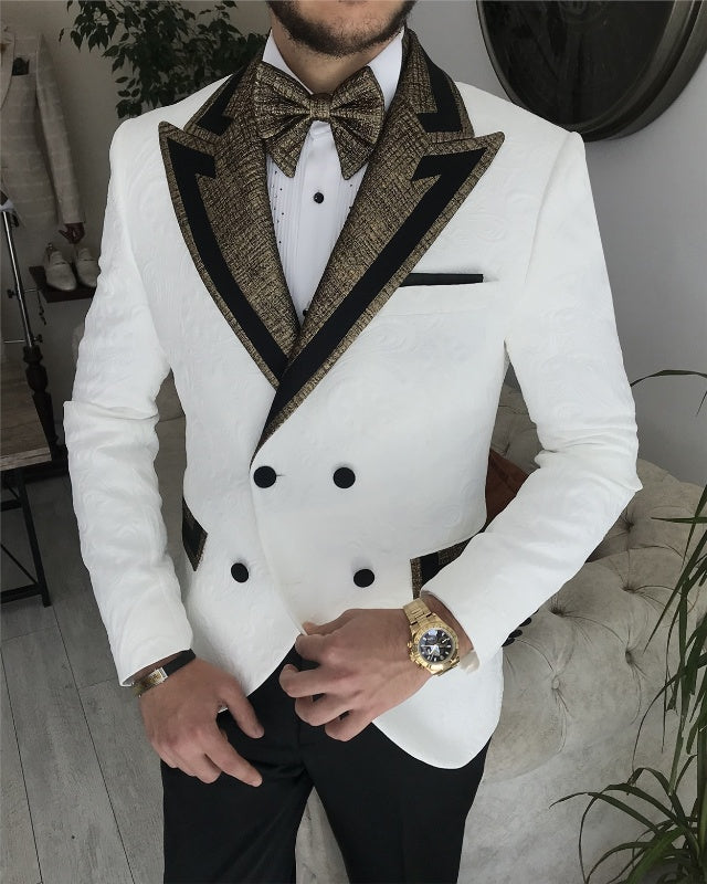 Fashion White Jacquard Double Breasted Best Fitting Peaked Lapel Prom Men Suits