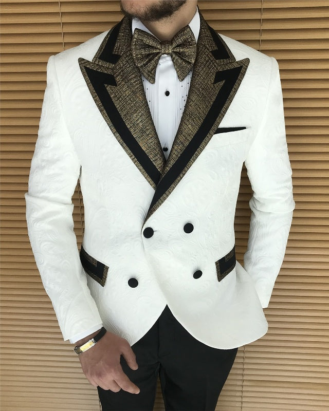 Fashion White Jacquard Double Breasted Best Fitting Peaked Lapel Prom Men Suits