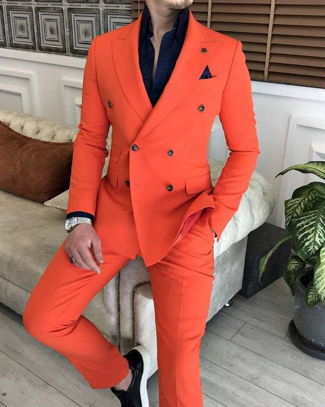 Fashion Red Double Breasted Peaked Lapel Slim Fit Prom Men Suits