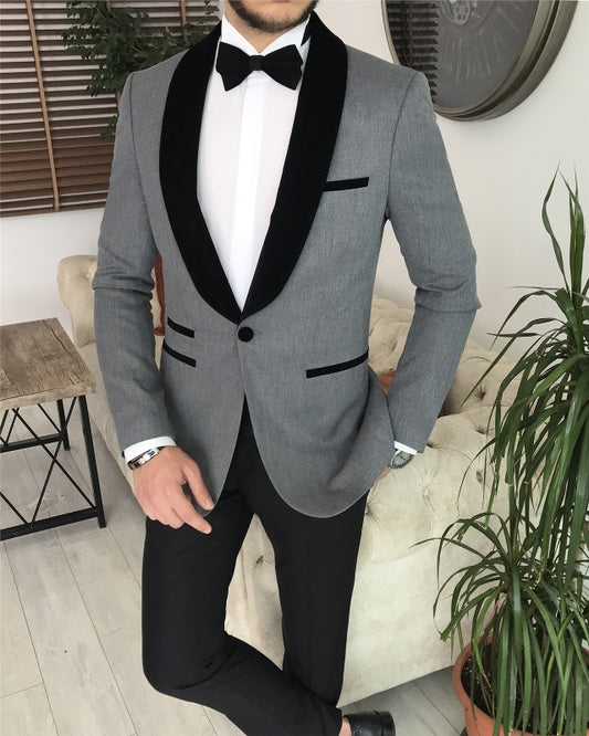 Chic Gray Slim Fit Wedding Men Suits With Black Shawl Lapel