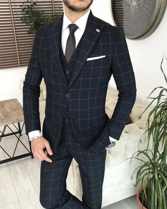 Newest Dark Blue Plaid Three Pieces Peaked Lapel Slim Fit Business Men Suits