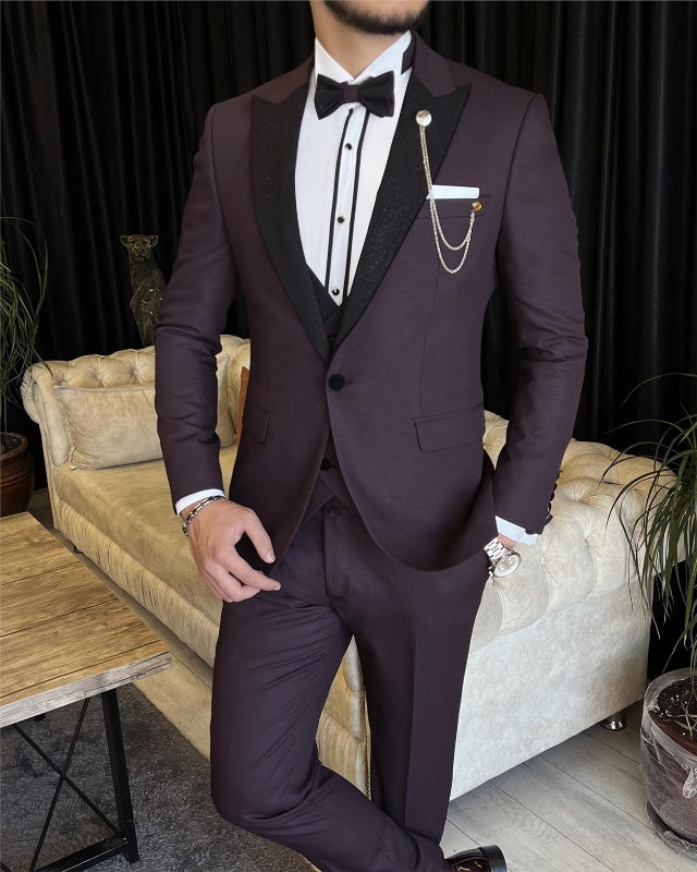 Fashion Purple Three Pieces Peaked Lapel Best Fitting Prom Men Suits