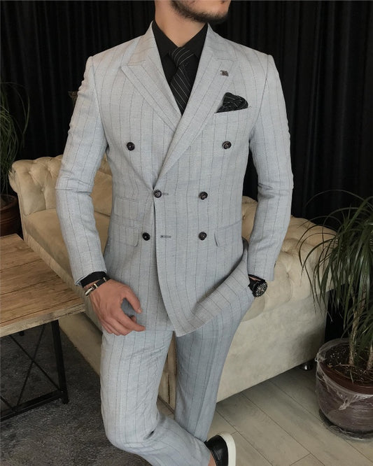 Elvis Chic Gray Striped Double Breasted Peaked Lapel Slim Fit Business Men Suits