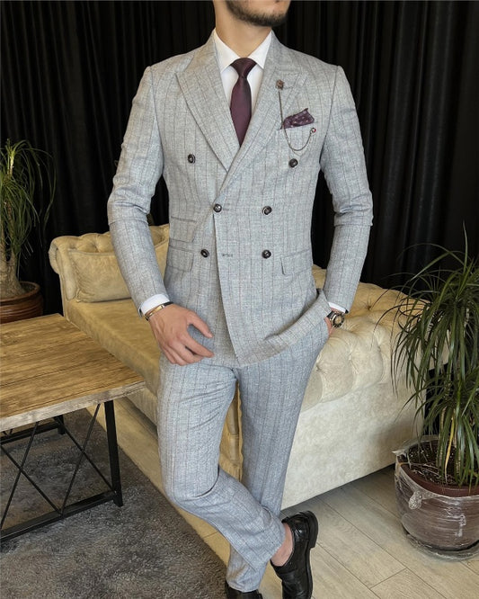 Edgar Newest Gray Striped Double Breasted Slim Fit Business Men Suits