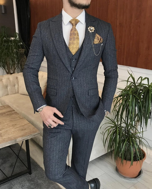 Antony Dark Gray Three Pieces Peaked Lapel Slim Fit Business Men Suits