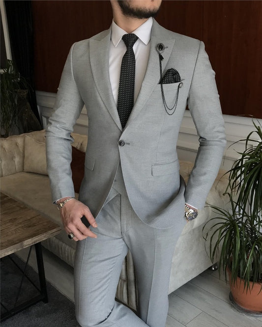 David Fashion Gray Three Pieces Peaked Lapel Slim Fit Business Men Suits