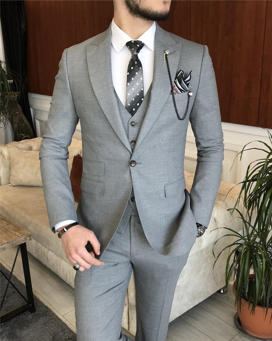 David Chic Gray Three Pieces Peaked Lapel Slim Fit Business Men Suits