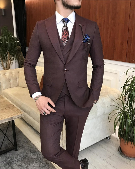 Modern Coffee Slim Fit Three Pieces Peaked Lapel Business Men Suits