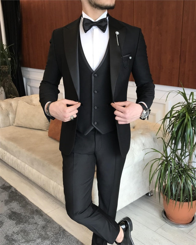 Alan Newest Black Slim Fit Three Pieces Peaked Lapel Business Men Suits