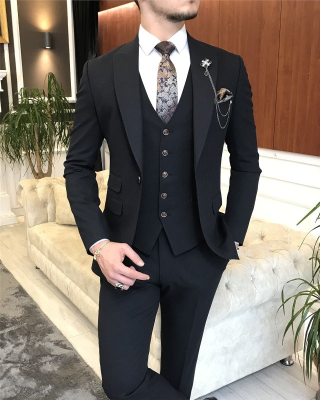 Bob Newest Black Three Pieces Peaked Lapel Slim Fit Business Men Suits