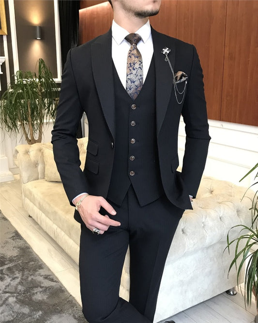 Bob Newest Black Three Pieces Peaked Lapel Slim Fit Business Men Suits