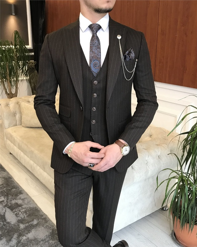 Newest Black Striped Three Pieces Peaked Lapel Slim Fit Business Men Suits