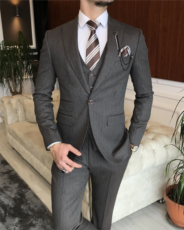 Newest Dark Gray Striped Three Pieces Peaked Lapel Business Men Suits