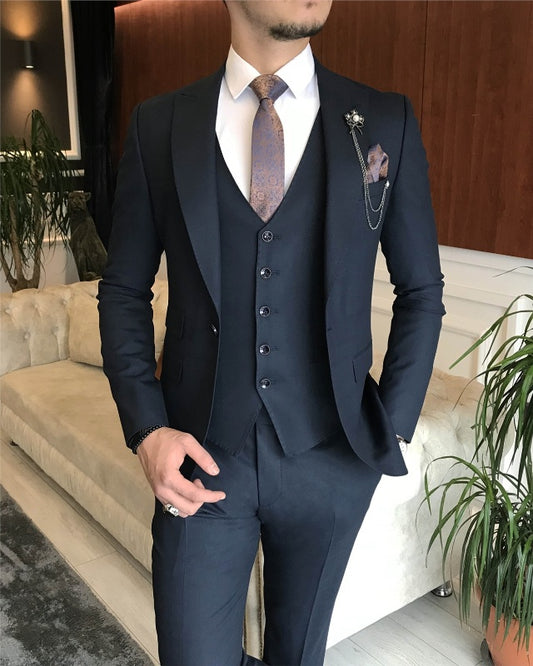 Newest Dark Blue Three Pieces Peaked Lapel Slim Fit Business Men Suits