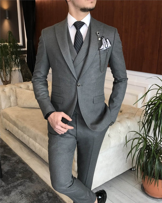 Newest Dark Gray Three Pieces Peaked Lapel Slim Fit Business Men Suits