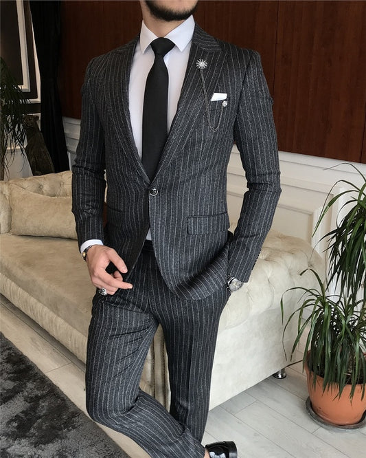 New Arrival Black Striped Peaked Lapel Best Fitting Business Men Suits