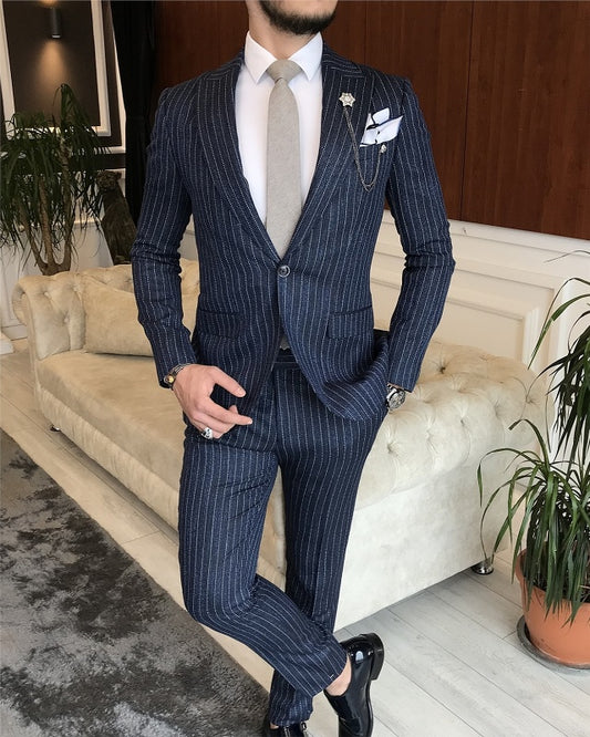 New Arrival Dark Blue Striped Peaked Lapel Slim Fit Business Men Suits