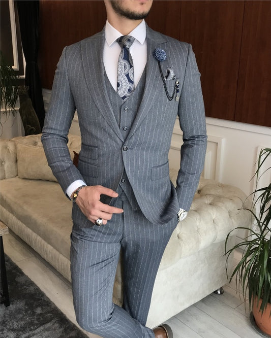 New Arrival Gray Striped Three Pieces Peaked Lapel Business Men Suits