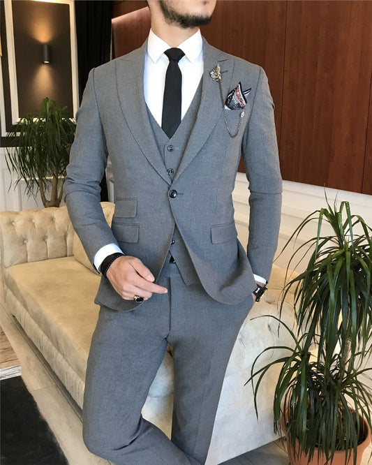 Aaron Chic Dark Gray Three Pieces Peaked Lapel Slim Fit Business Men Suits