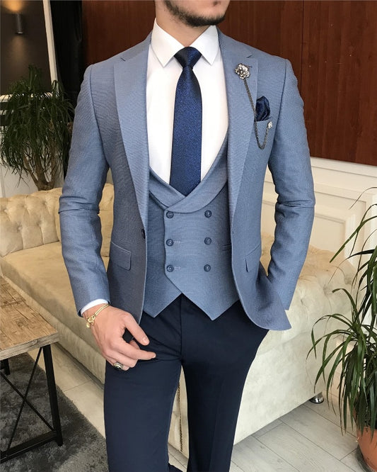 Fashion Blue Three Pieces Notch Lapel Best Fitting Prom Men Suits