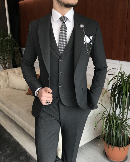Aubrey Newest Black Three Pieces Peaked Lapel Slim Fit Business Men Suits