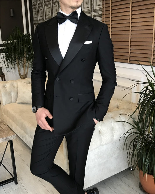 James Handsome Black Double Breasted Peaked Lapel Prom Men Suits