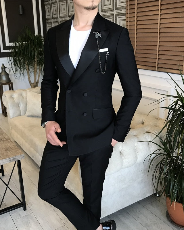 James Handsome Black Double Breasted Peaked Lapel Prom Men Suits