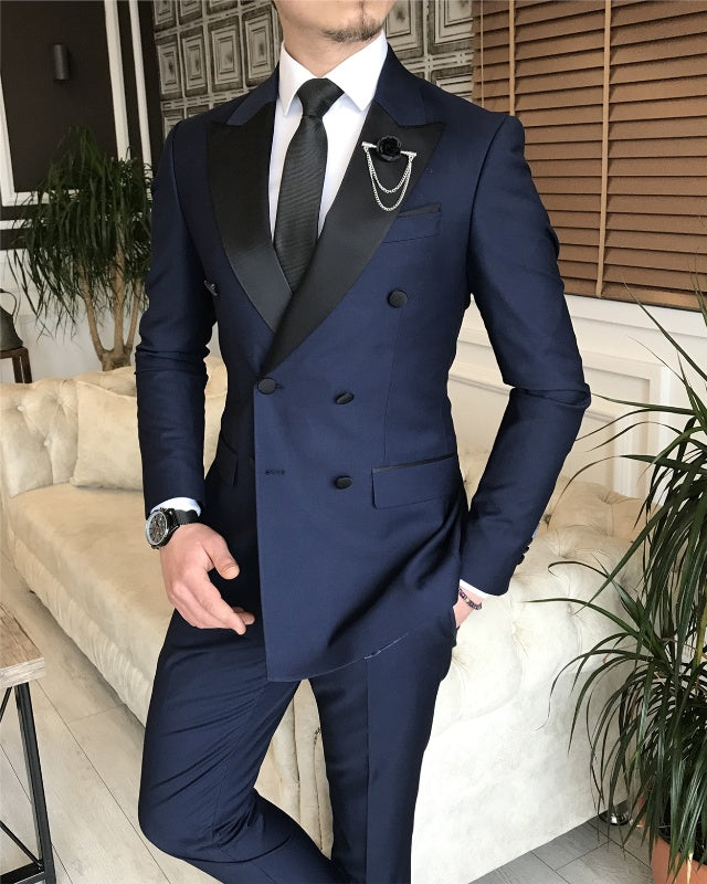 Lucas Dark Blue Double Breasted Peaked Lapel Prom Men Suits