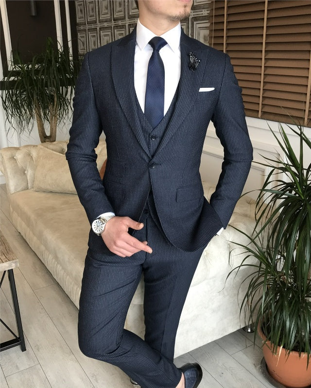 Baker Newest Dark Blue Close Fitting Three Pieces Peaked Lapel Business Men Suits