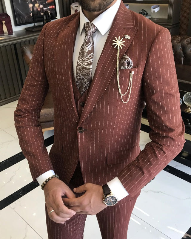 Noah Brown Striped Peaked Lapel Slim Fit Prom Men Suits