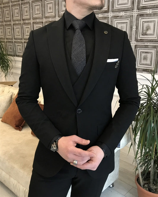 Bart Classic Bespoke Black Three Pieces Peaked Lapel Business men suits