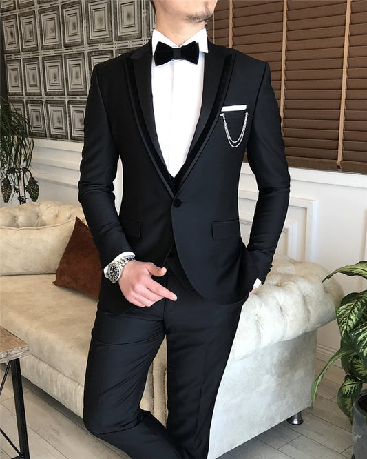 Barry Modern Black Three pieces Peaked Lapel Slim Fit Business Men Suits