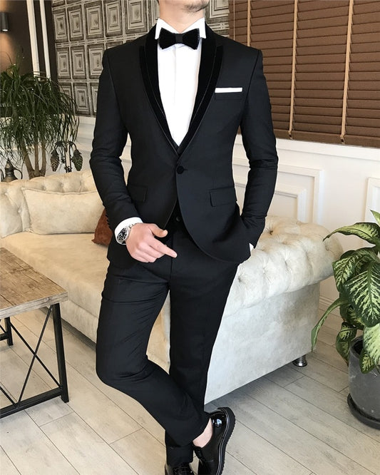 Modern Black Three Pieces Shawl Lapel Slim Fit Wedding Suits For Men
