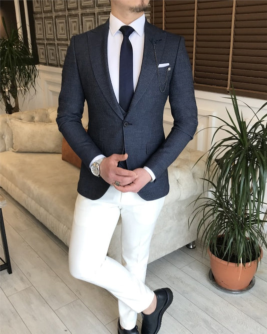 Basil Fashion Dark Blue Three Pieces Peaked Lapel Slim Fit Prom Men Suits