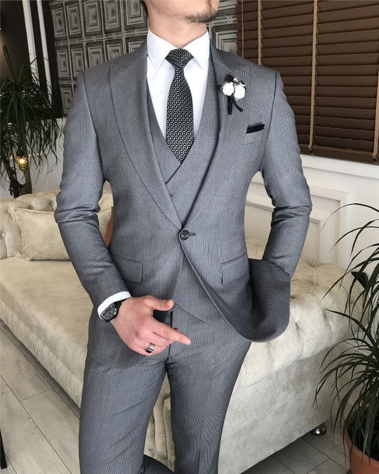 Barlow Chic Dark Gray Three Pieces Peaked Lapel Slim Fit Business Men Suits