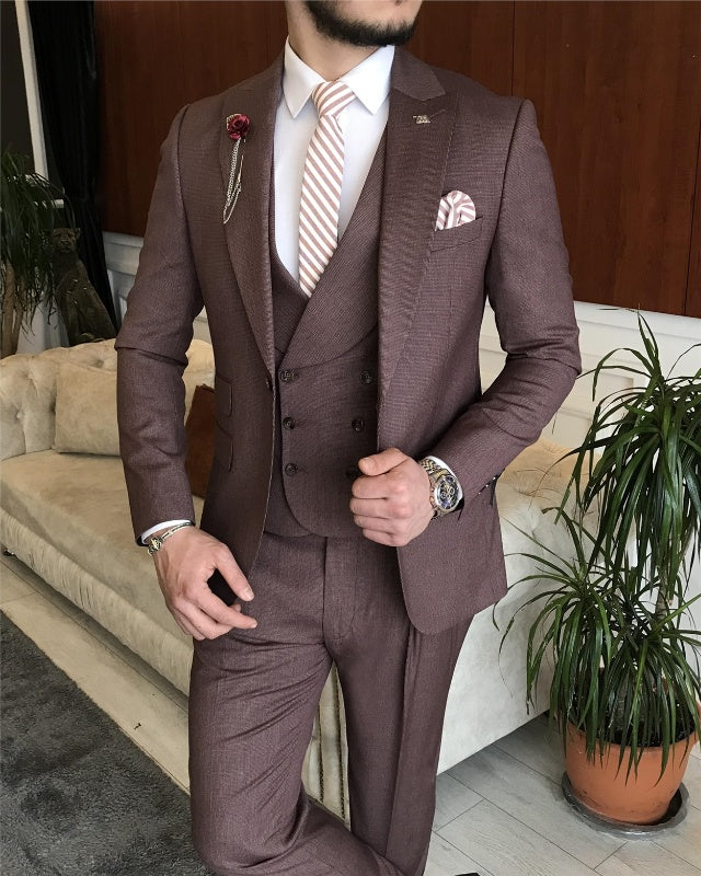 Newest Coffee Three Pieces Peaked Lapel Prom Suits For Men