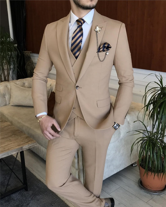 Modern Khaki Three Pieces Peaked Lapel Slim Fit Business Suits For Men