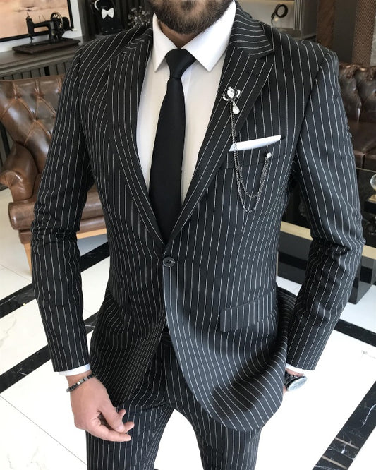 Chic Black Striped Best Fitting Notch Lapel Business Suits For Men