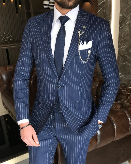 Modern Dark Blue Striped Best Fitting Notch Lapel Business Suits For Men