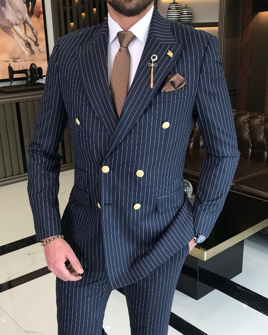 Modern Dark Blue Striped Double Breasted Peaked Lapel Slim Fit Business Men Suits