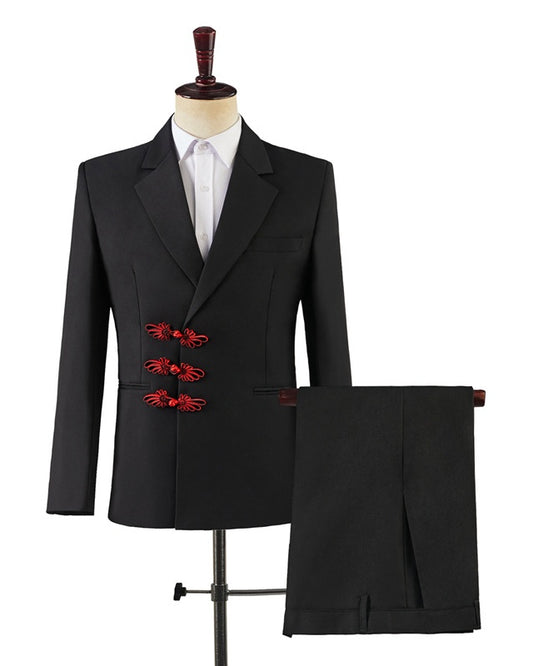 Bespoke Black Notched Lapel Prom Suits With Red Buttons