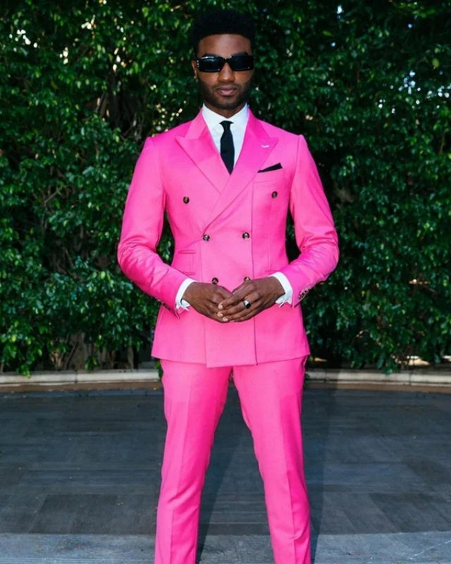 Trendy Candy Pink Peaked Lapel Double Breasted Prom Suits
