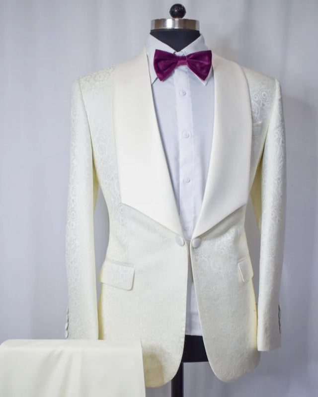 Stylish Off-white Jacquard Shawl Lapel Wedding Men Suits